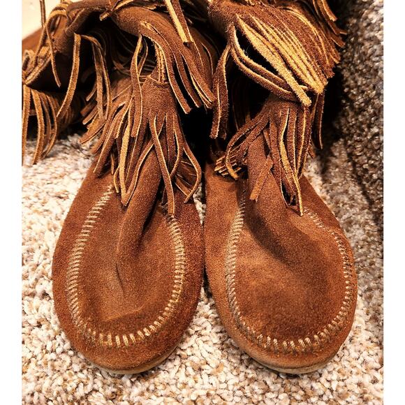 Minnetonka 5 Layer Fringe Boots Womens 8 Brown Suede Tall Zip Moc - Picture 5 of 10